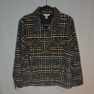 CJ Banks Plaid Button Up Jacket in Black, Brown, and White